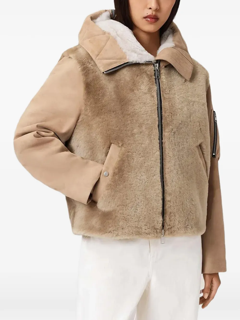 AllSaints Dexter collared shearling jacket - Nude