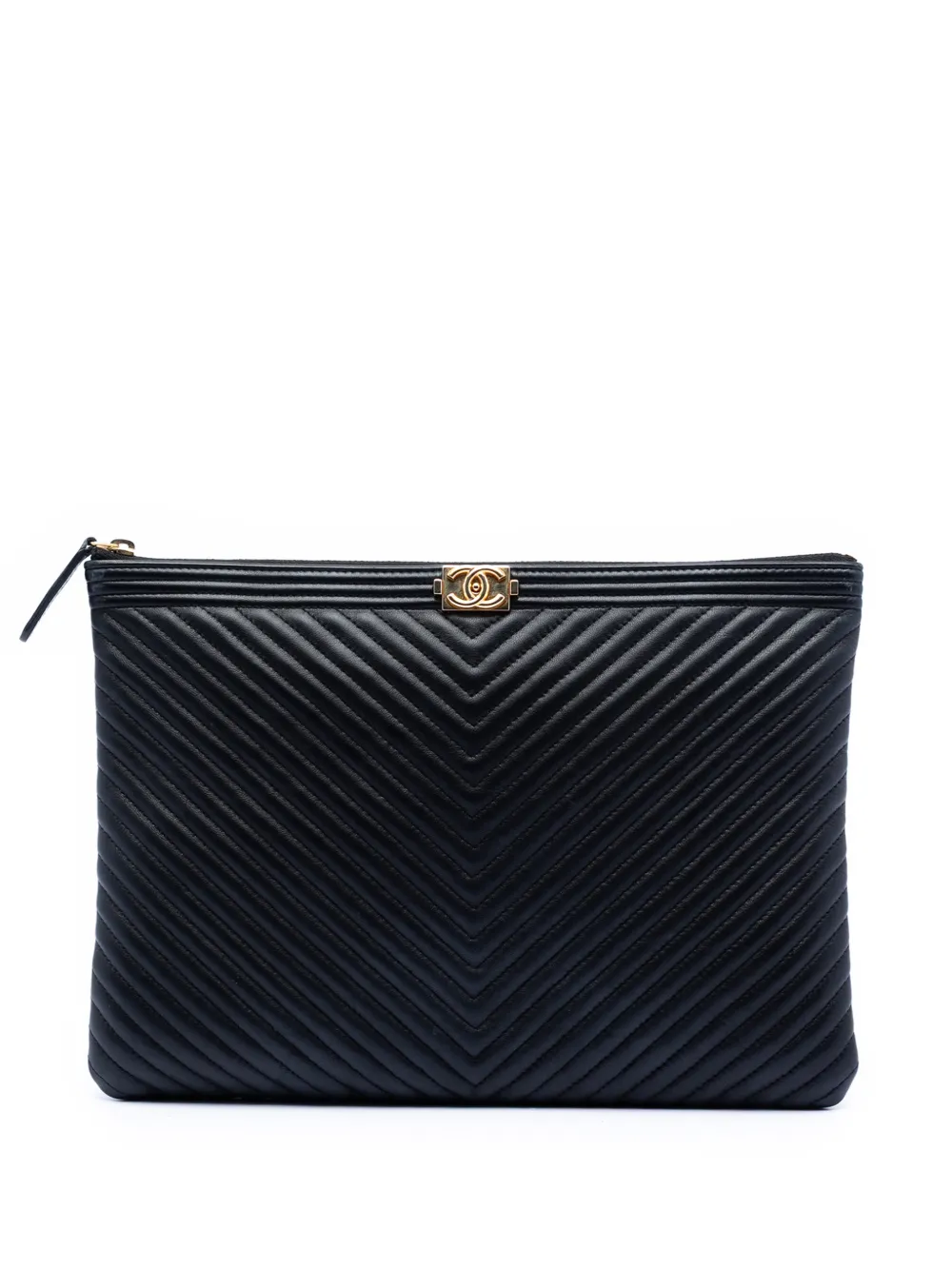 CHANEL Pre-Owned Clutch Boy O Case media in pelle di agnello con motivo Chevron 2019 - Nero