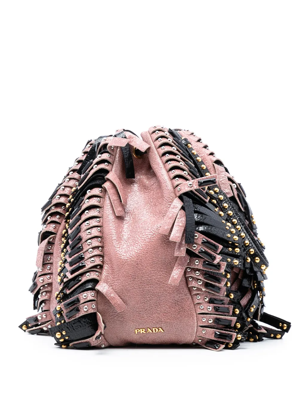 Prada Pre-Owned 2000-2025 Craquele Leather Embellished Fringe bucket bag - Rosa