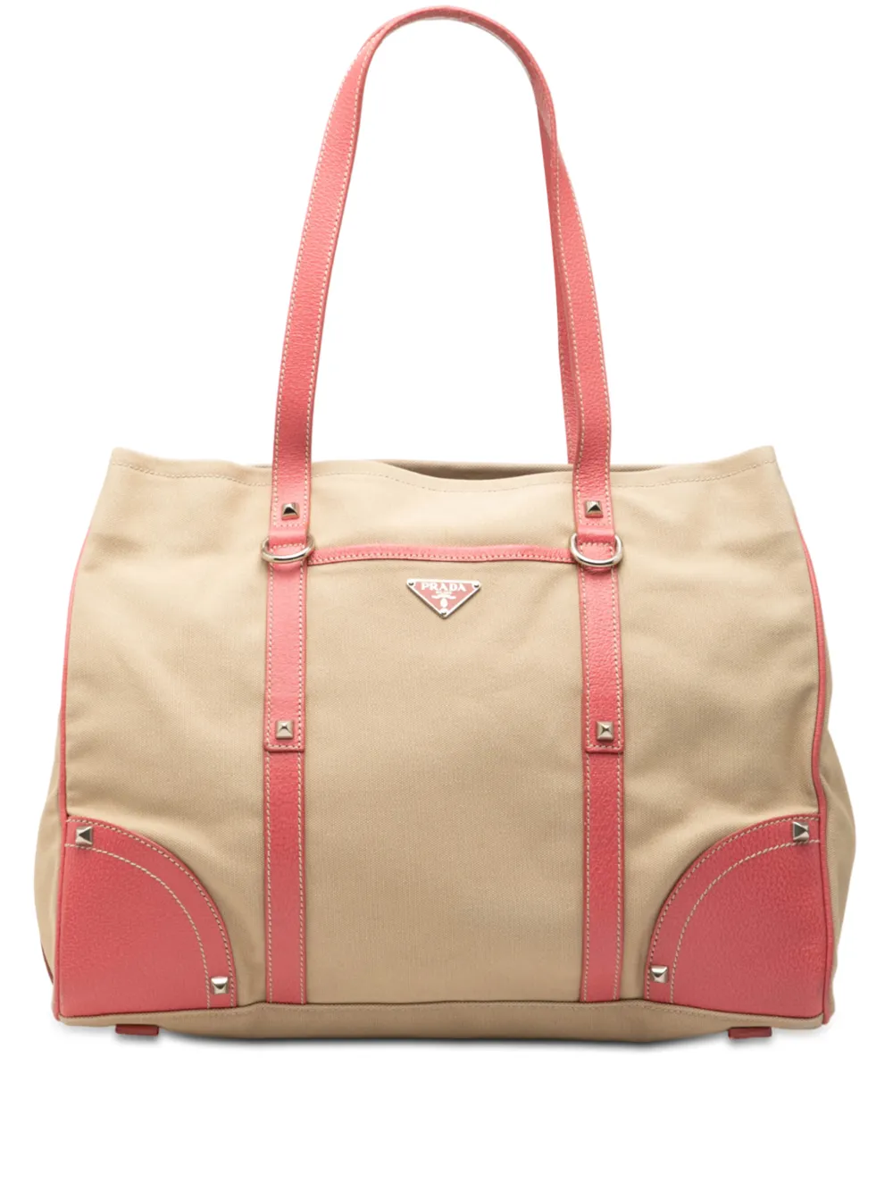 Prada Pre-Owned 2013-2026 Studded Leather Trimmed Canvas Front Pocket Tote satchel - Marrone