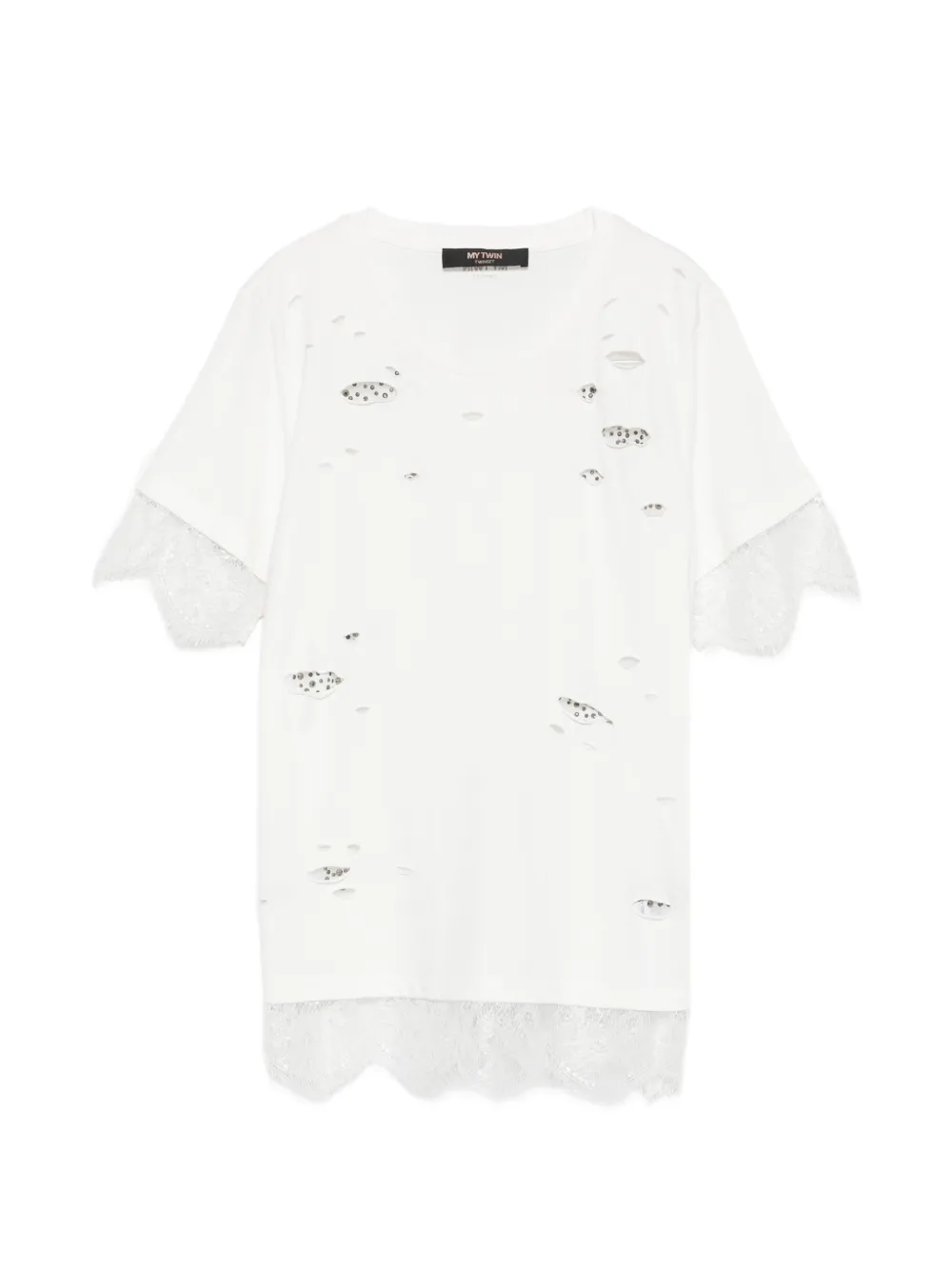 MY TWIN lace-trim distressed cotton T-shirt