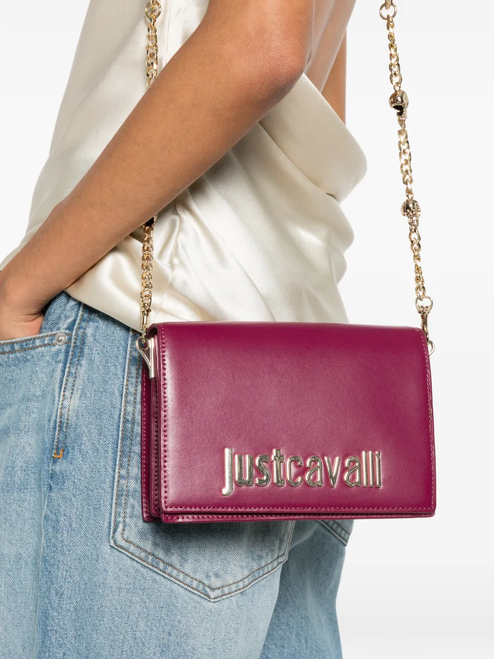 Just Cavalli Schoudertas met logoplakkaat Paars