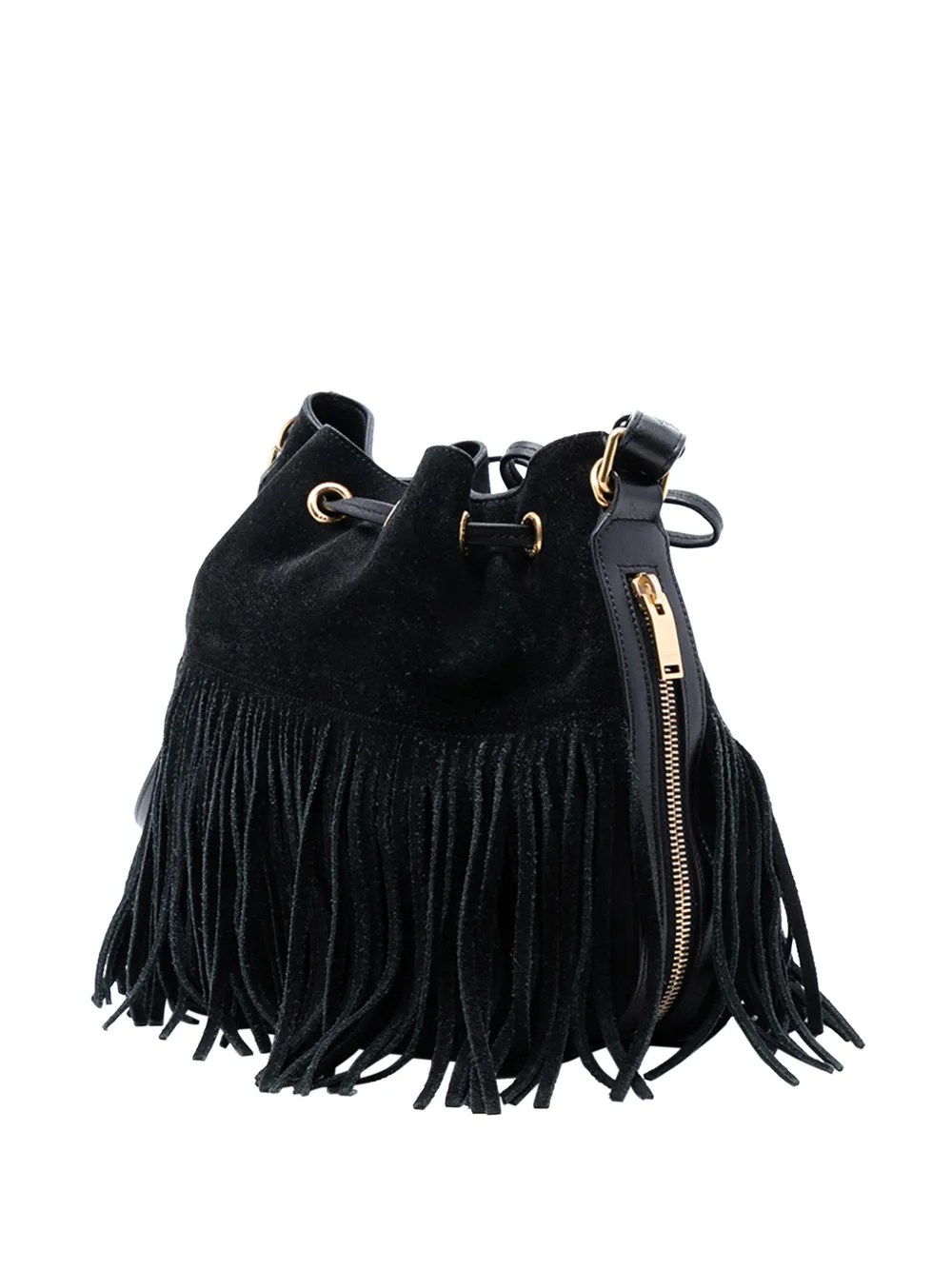  Saint Laurent Pre-owned 2015 Small Suede Emmanuelle Fringe Bucket Bag Satchel - Black 