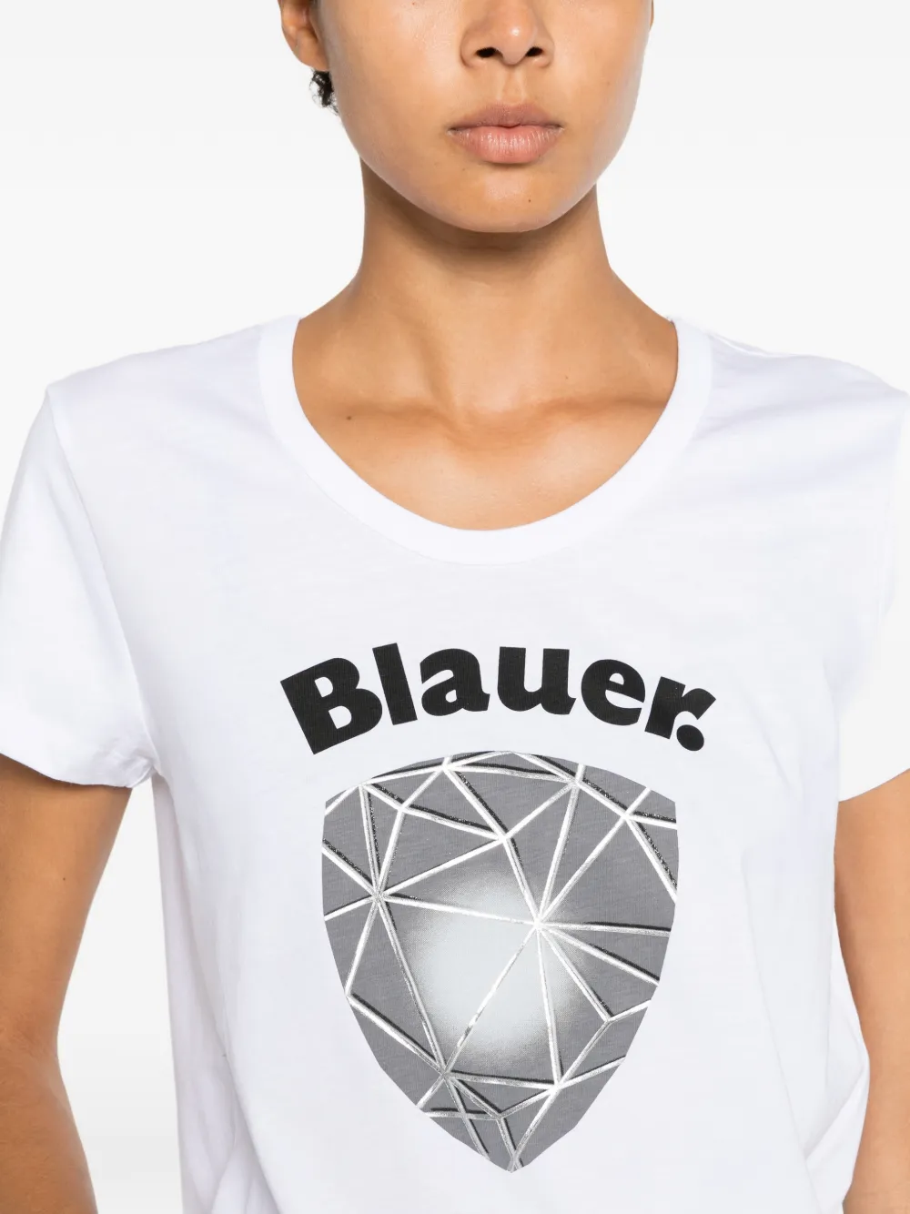 Blauer T-shirt met logoprint met ronde hals Wit
