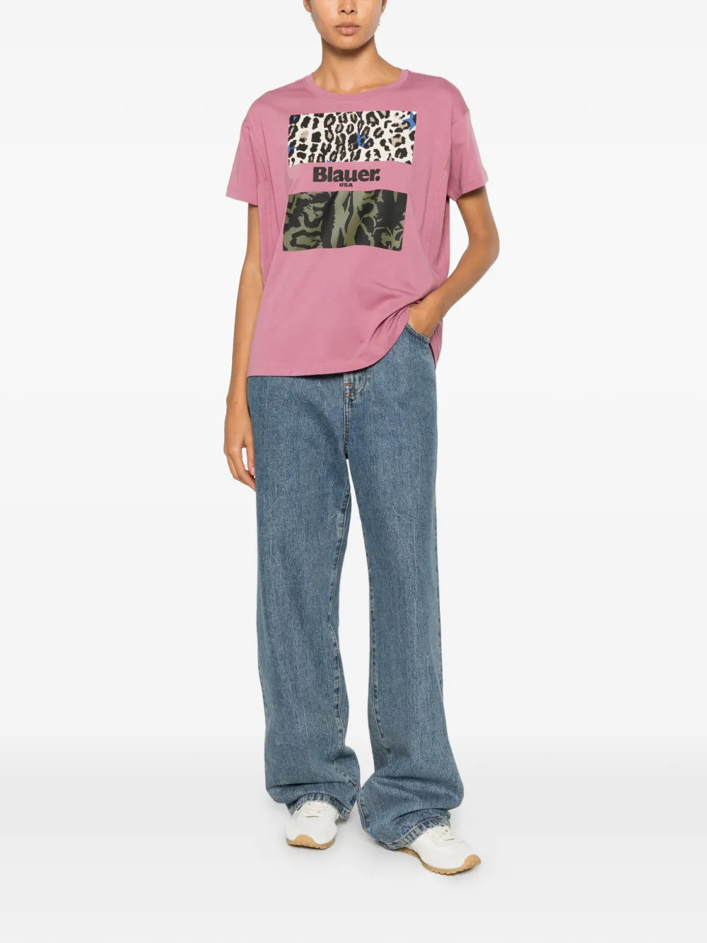 Blauer logoprint T-shirt met luipaardprint Roze