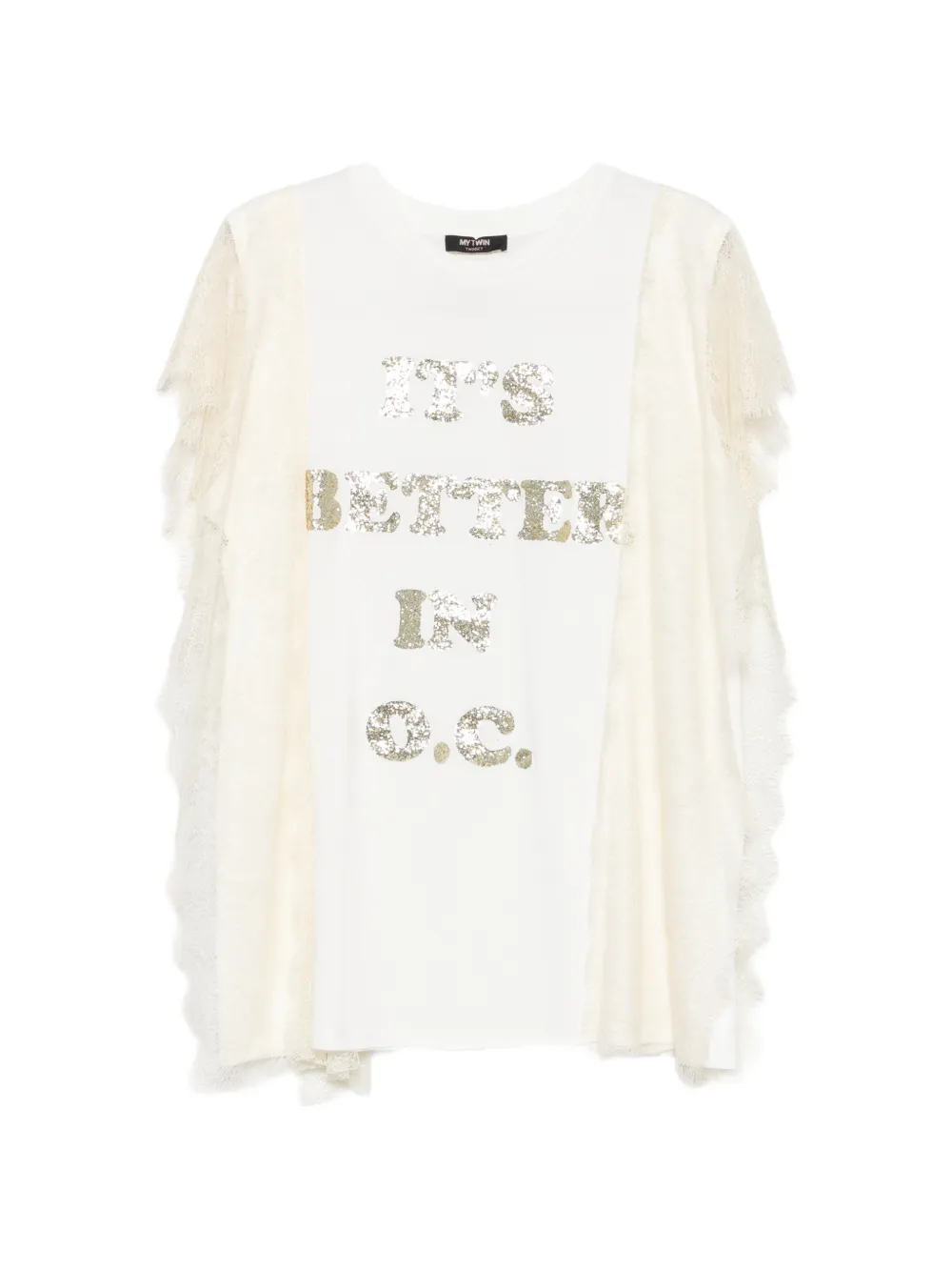 MY TWIN lace-trim sequin-logo cotton T-shirt - Bianco