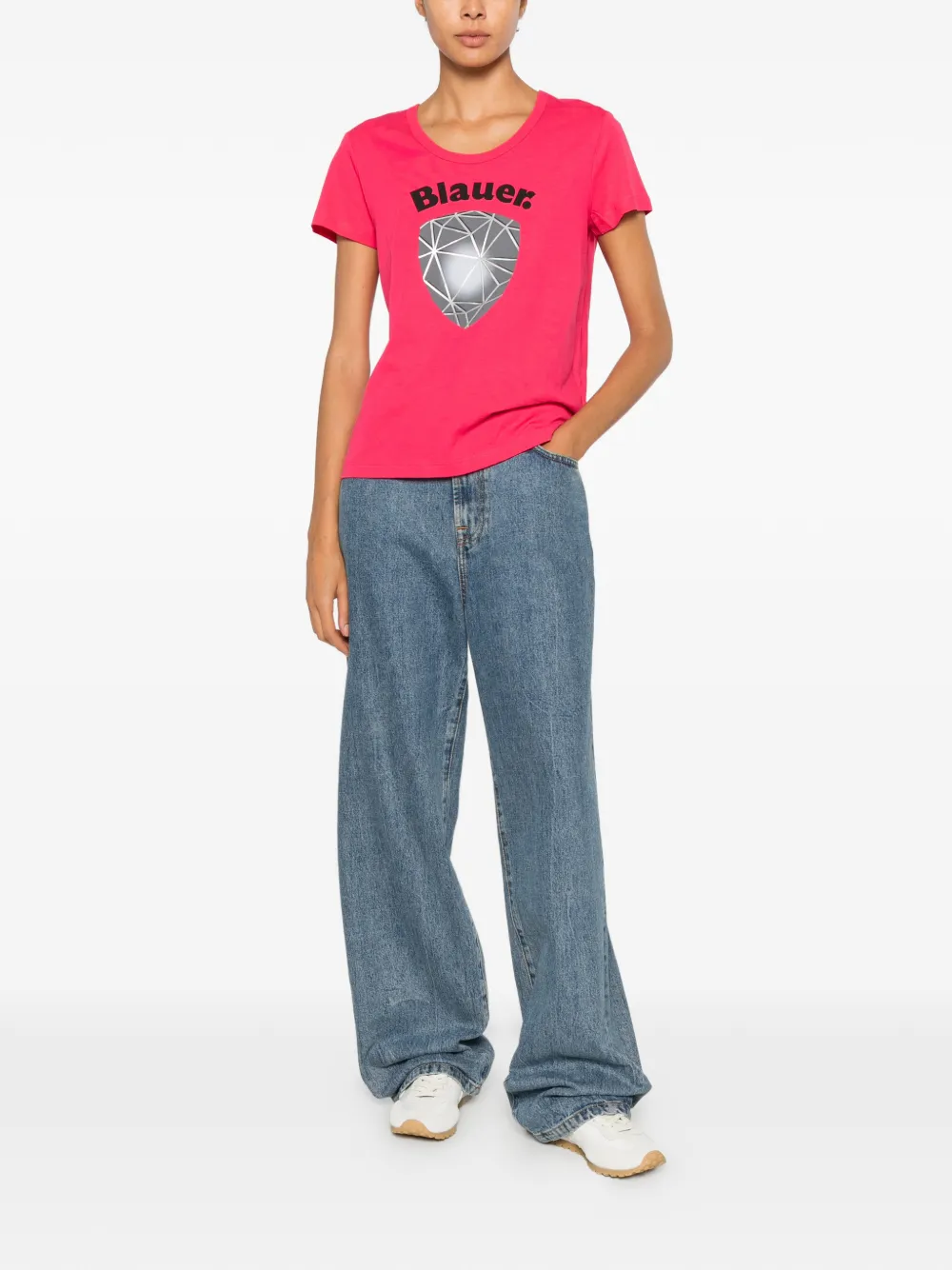 Blauer Katoenen T-shirt met logoprint Roze