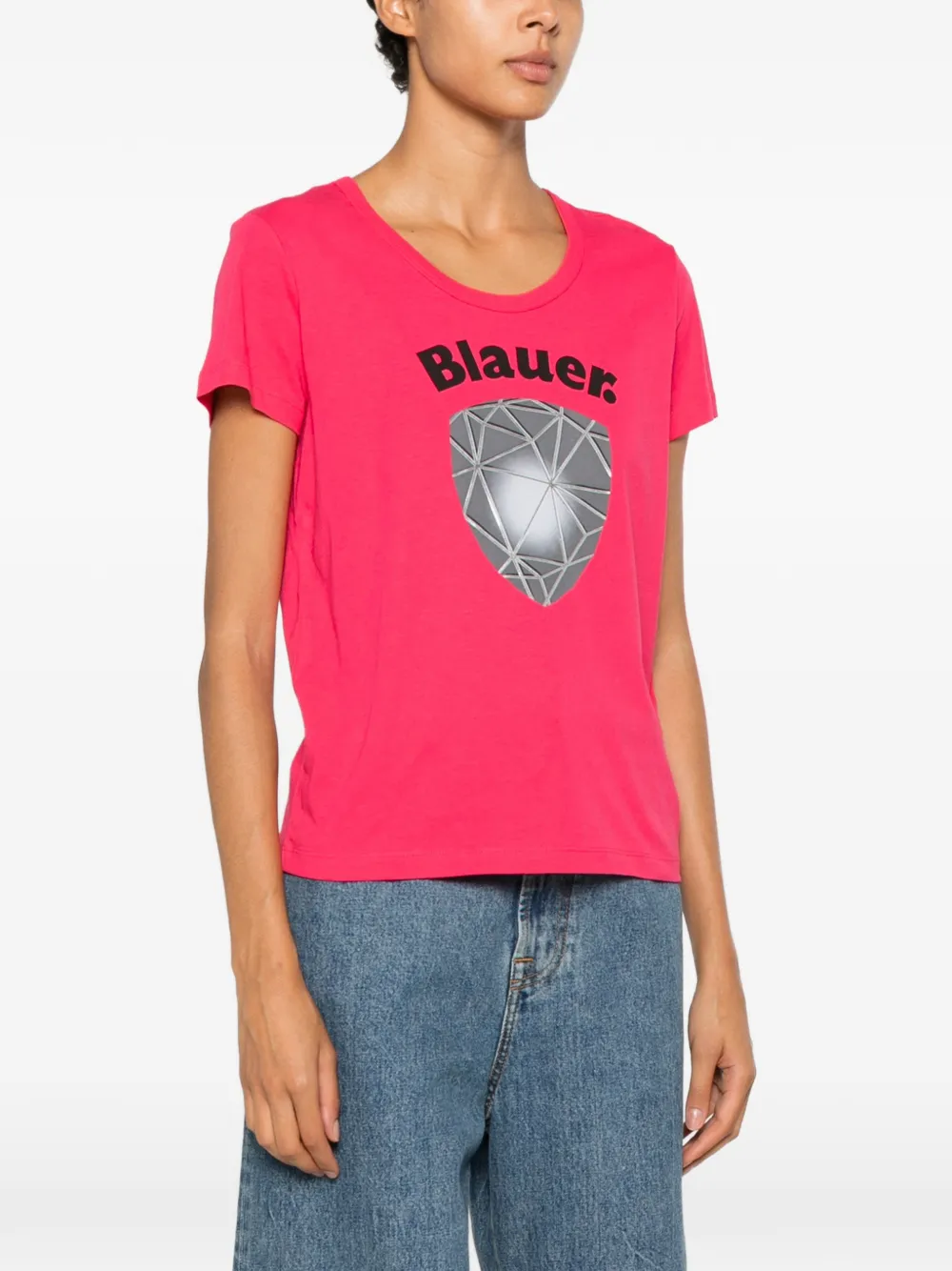 Blauer Katoenen T-shirt met logoprint Roze