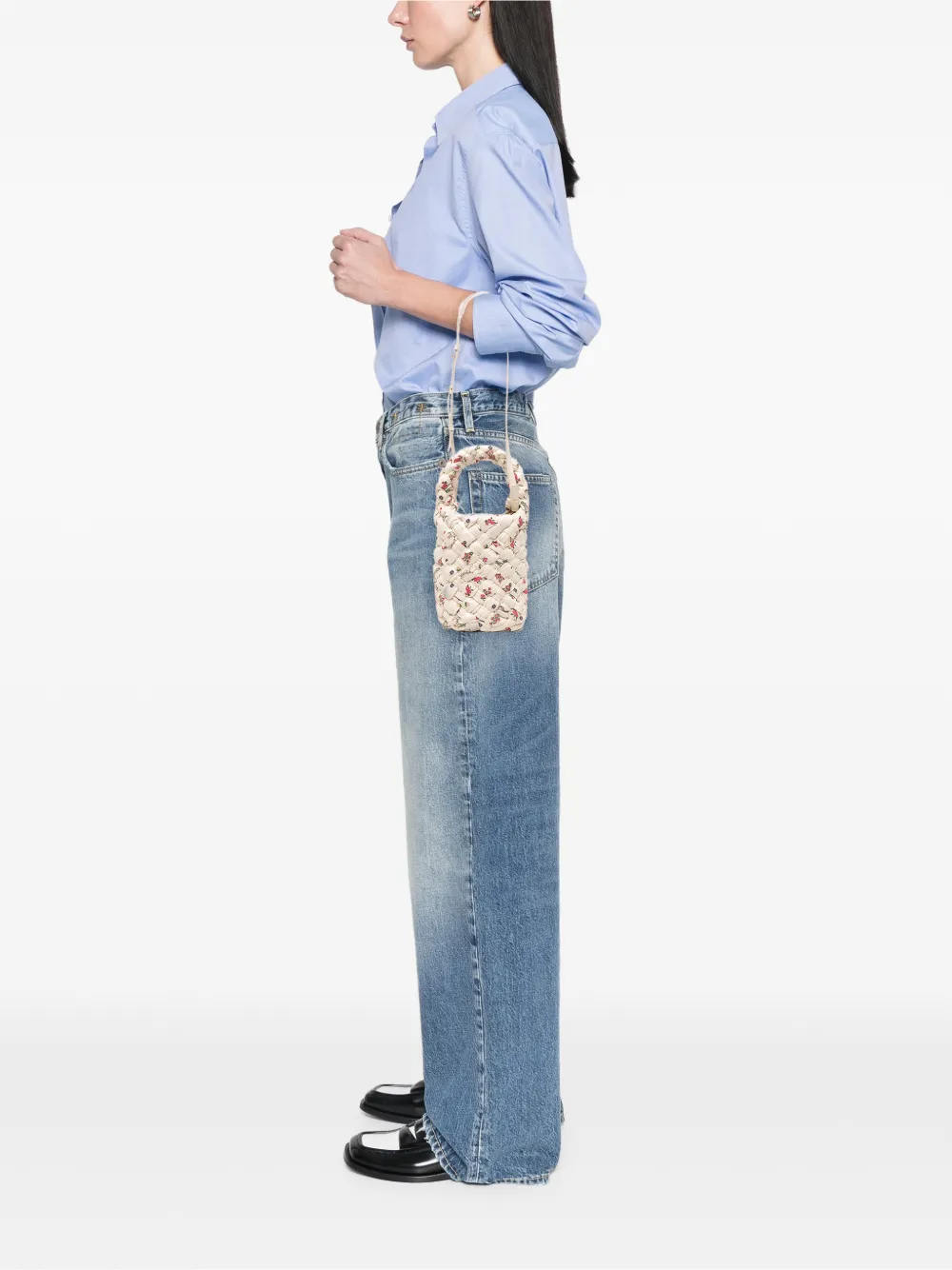  Bottega Veneta Pre-owned 2021-2025 Small Floral Printed Leather Intrecciato Kalimero Bucket Bag Satchel - White 