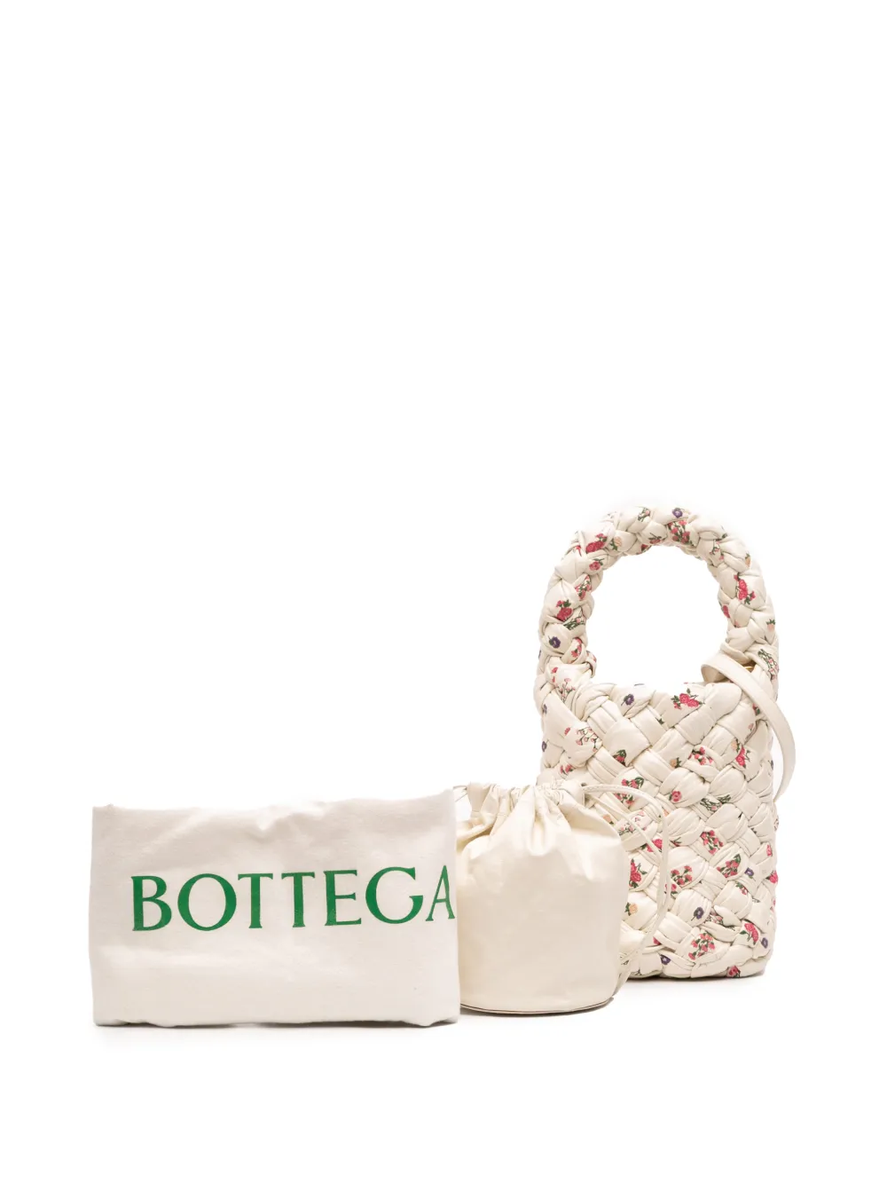 2021-2025 Small Floral Printed Leather Intrecciato Kalimero Bucket Bag Satchel