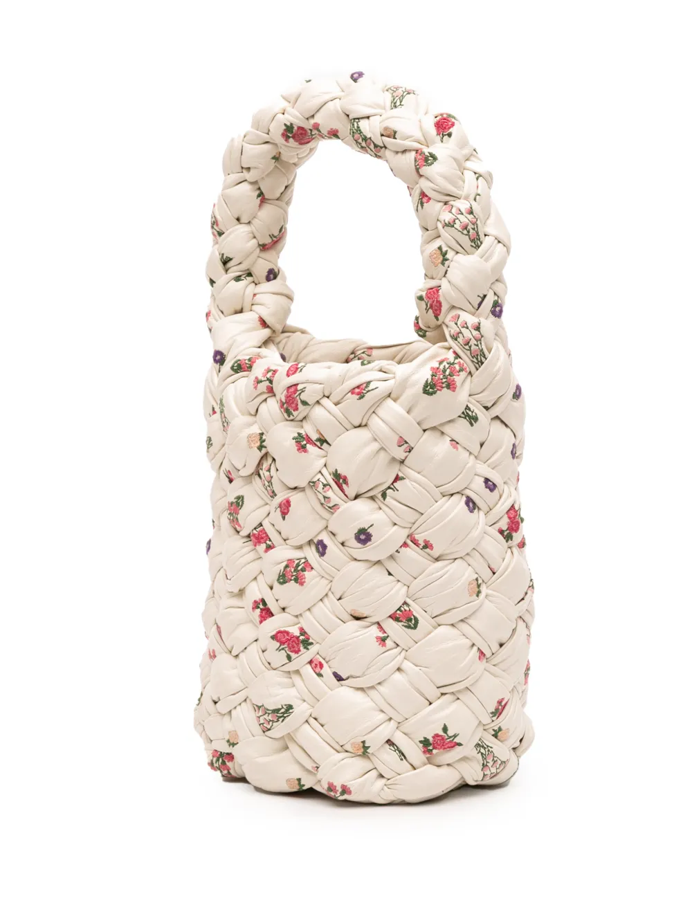 2021-2025 Small Floral Printed Leather Intrecciato Kalimero Bucket Bag Satchel