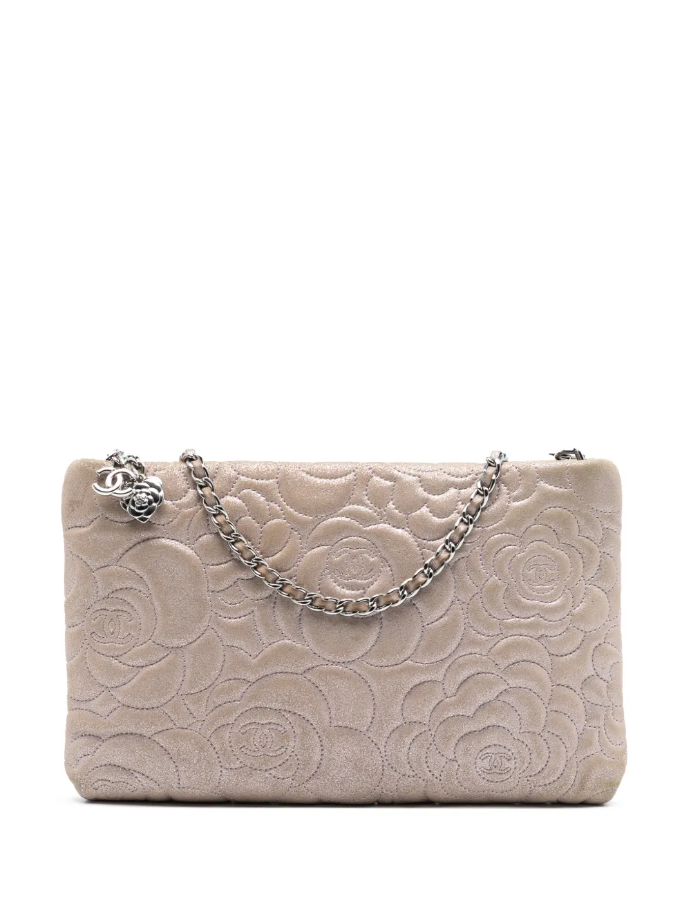 CHANEL Pre-Owned Borsa a spalla Camellia Pochette in pelle di agnello goffrata metallizzata con catena 2013-2014 - Rosa