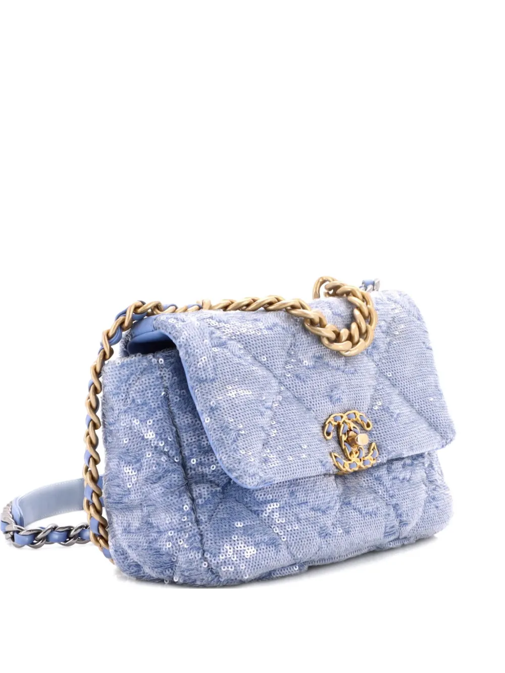 CHANEL Pre-Owned Borsa a spalla 19 media trapuntata con battente e paillettes - Blu