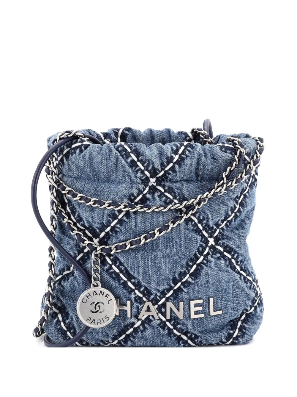 CHANEL Pre-Owned Borsa passepartout 22 mini in denim trapuntato con catena - Blu