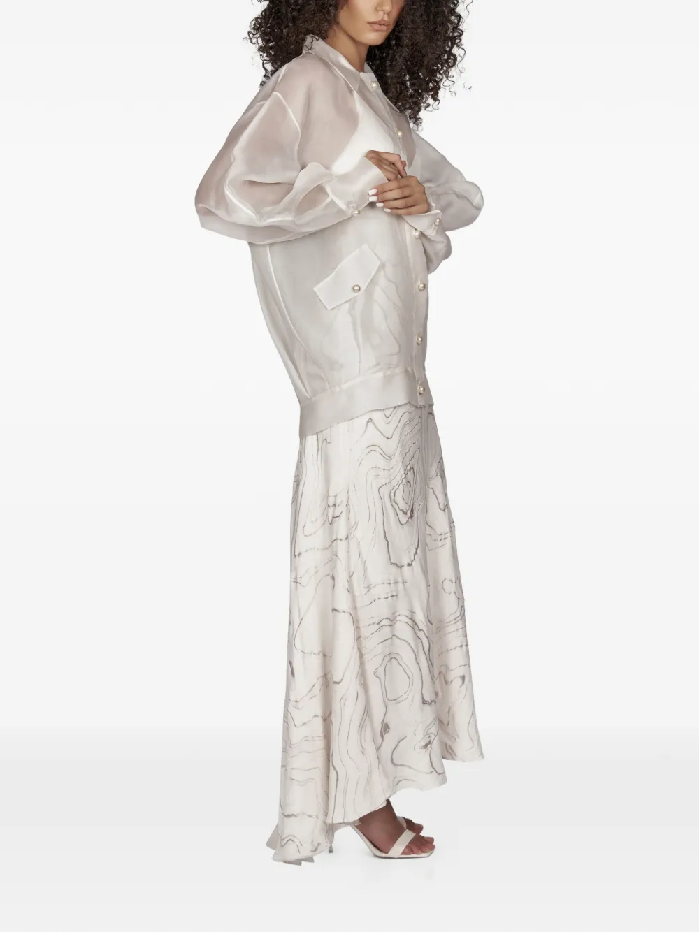  Mia Peculiar Oversized Pearl-button Bomber Jacket - White 