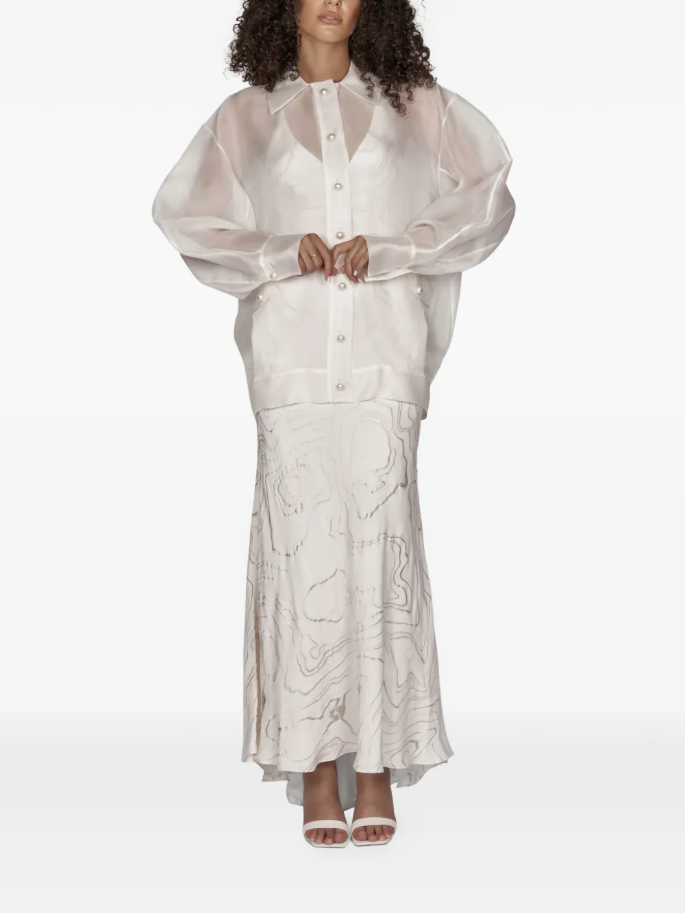  Mia Peculiar Oversized Pearl-button Bomber Jacket - White 