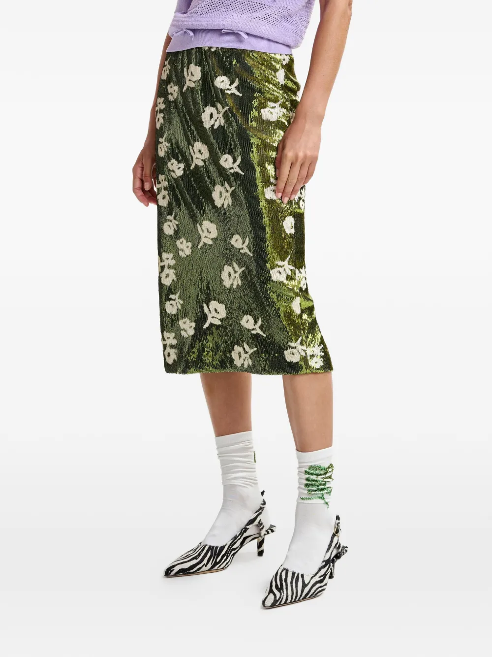 Essentiel Antwerp Midi-rok met pailletten en bloemenprint Groen
