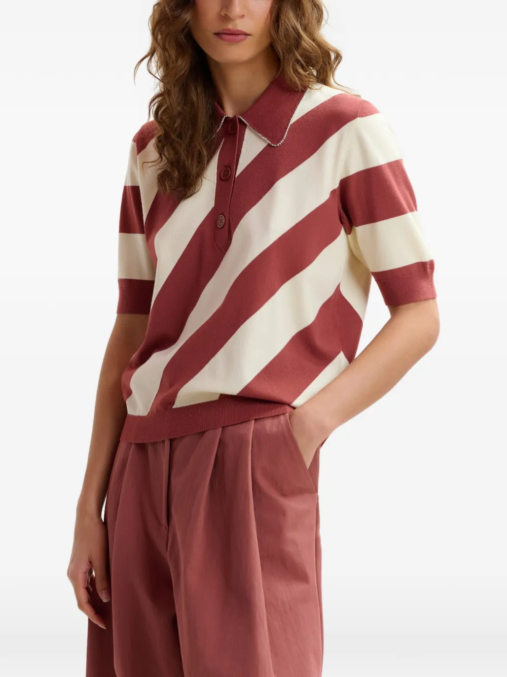  Essentiel Antwerp Striped Rhinestone Polo Top - Red 