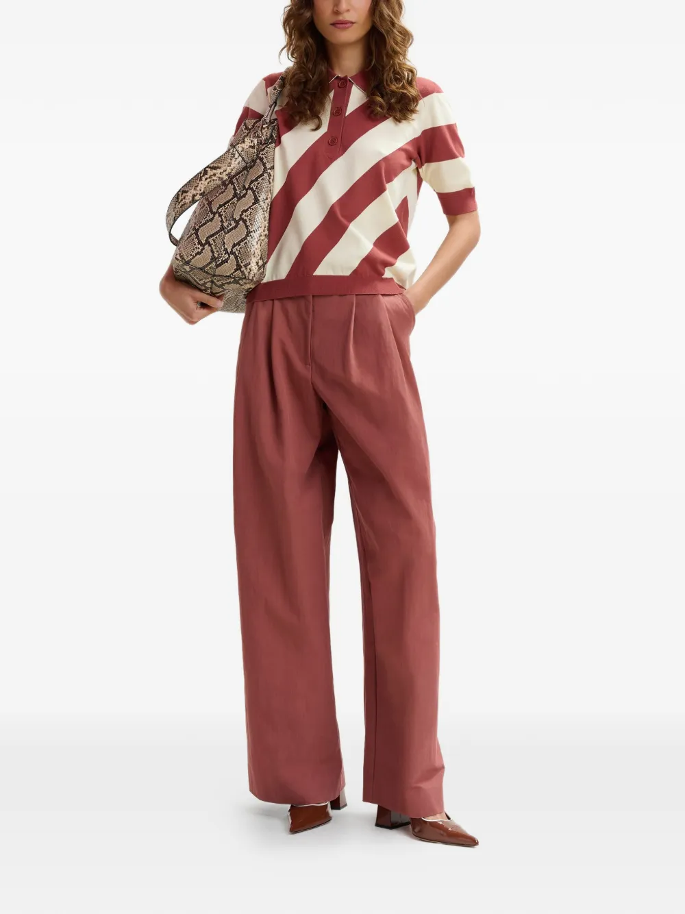  Essentiel Antwerp Striped Rhinestone Polo Top - Red 
