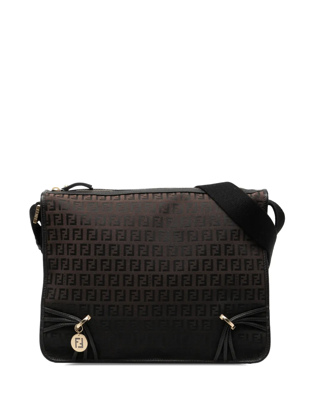 Pre-owned Fendi 2000-2010 Zucchino Canvas F Charm Crossbody Bag In Brown