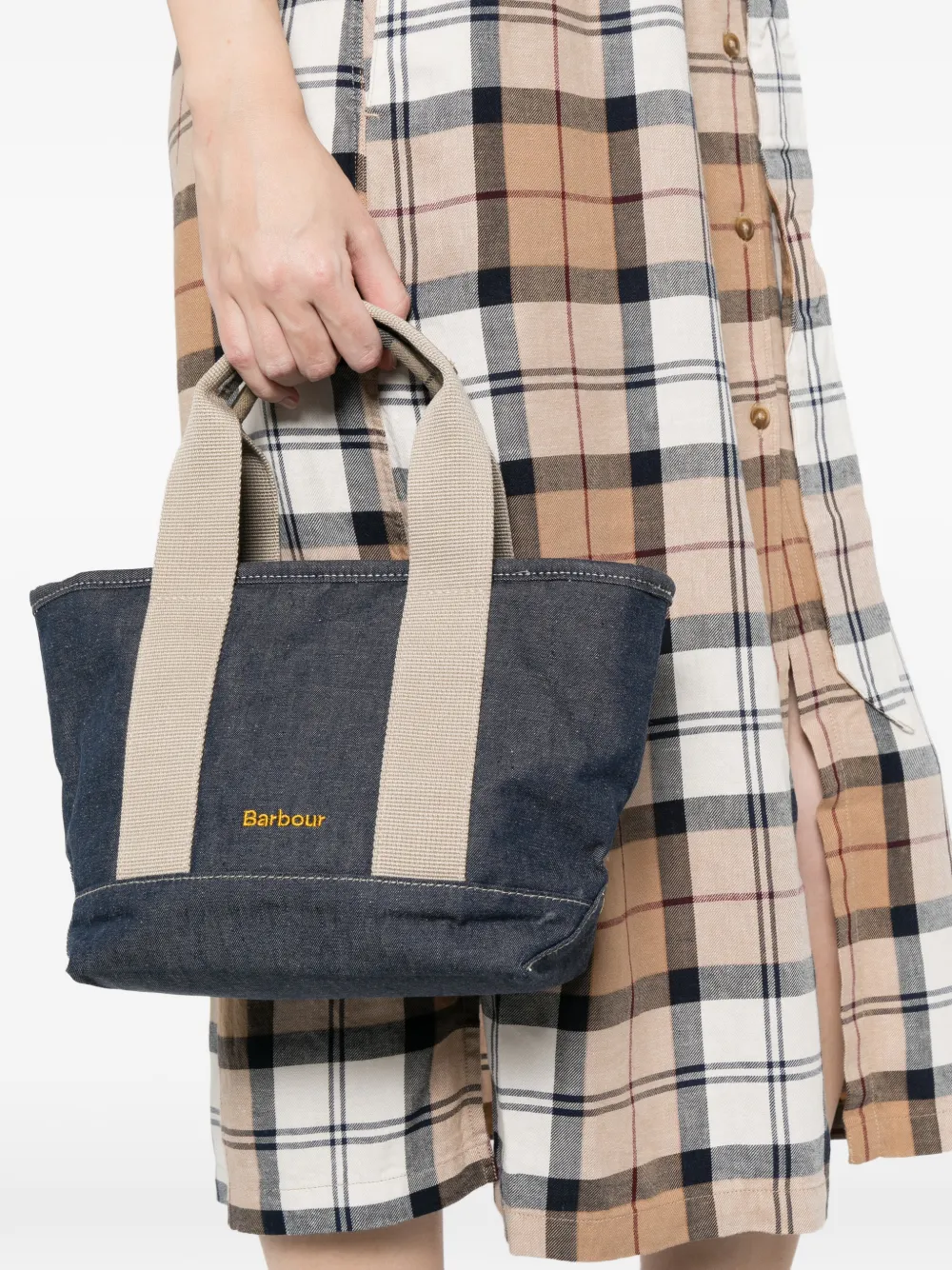 Mini Mya Tartan-Detail Denim Tote Bag