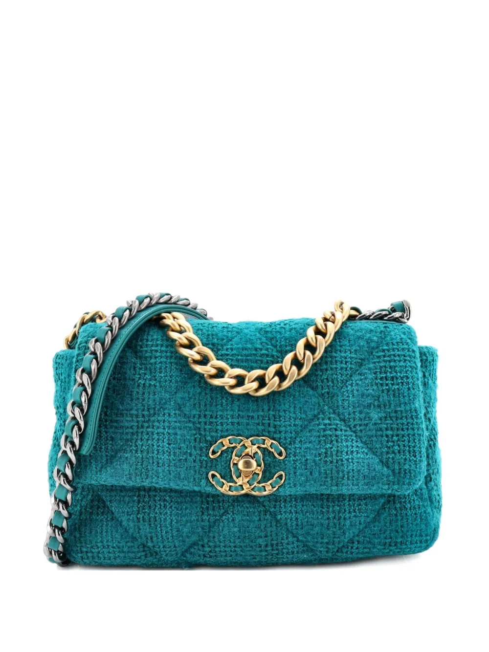 CHANEL Pre-Owned Borsa a tracolla 19 media in tweed trapuntato con battente - Blu