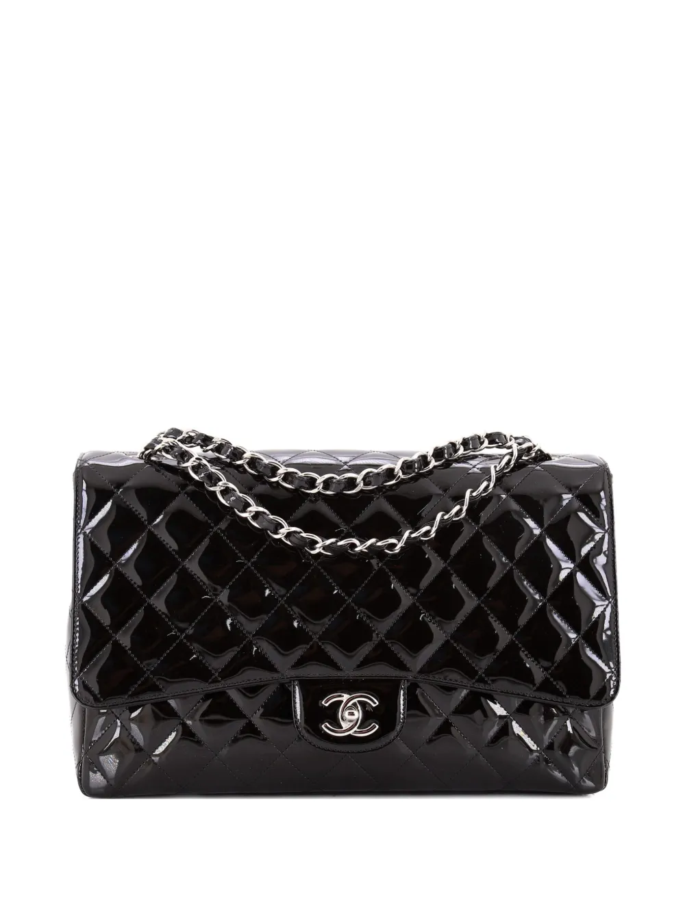 CHANEL Pre-Owned Borsa a spalla maxi in pelle verniciata trapuntata con battente - Nero