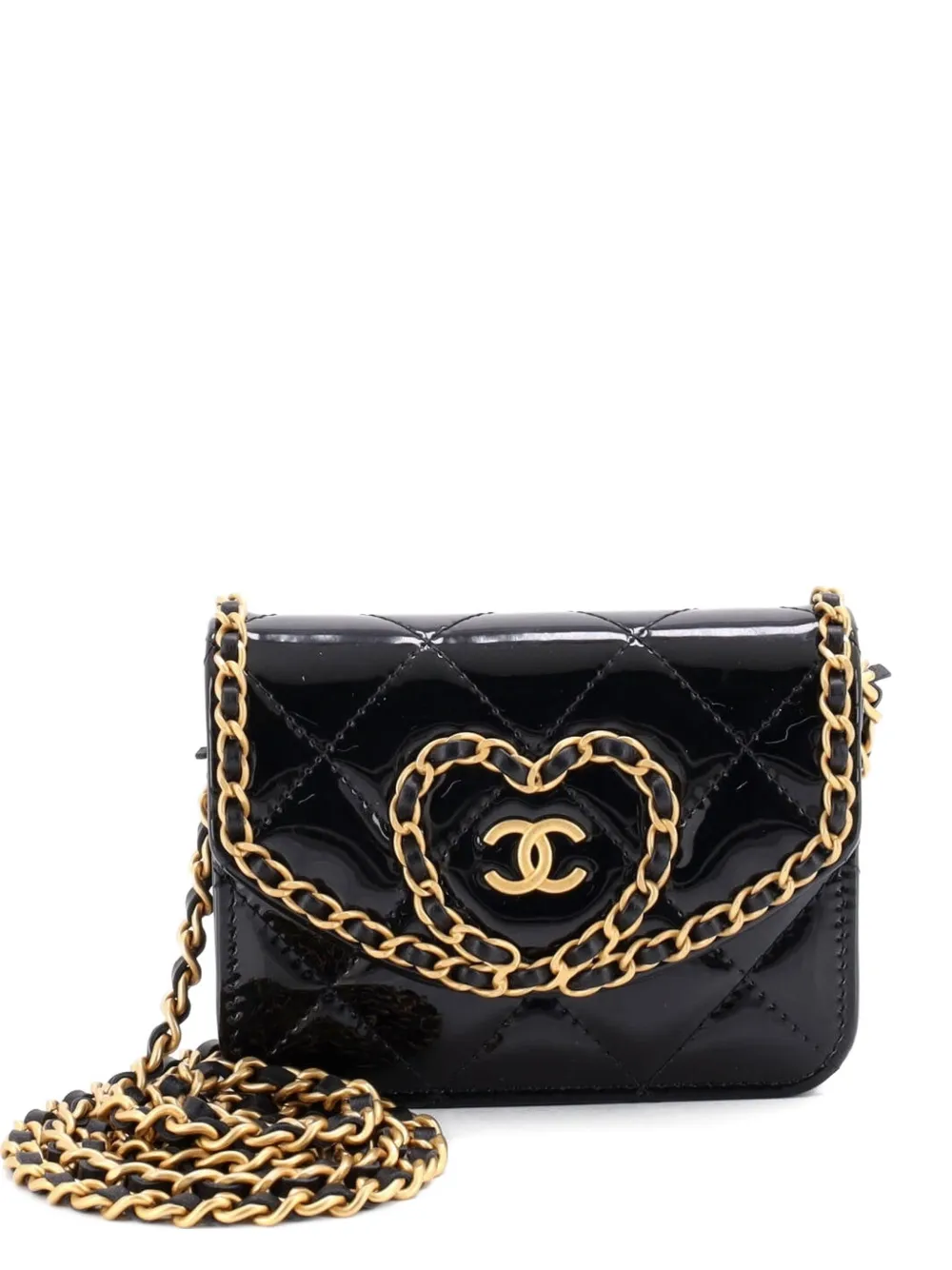 CHANEL Pre-Owned Heart Chain Flap Bag Quilted Patent Mini crossbody bag - Nero