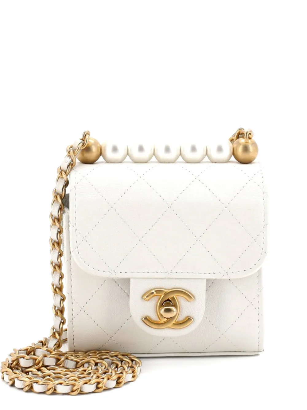 CHANEL Pre-Owned Borsa a tracolla Chic Pearls mini in pelle di capra trapuntata con catena - Bianco