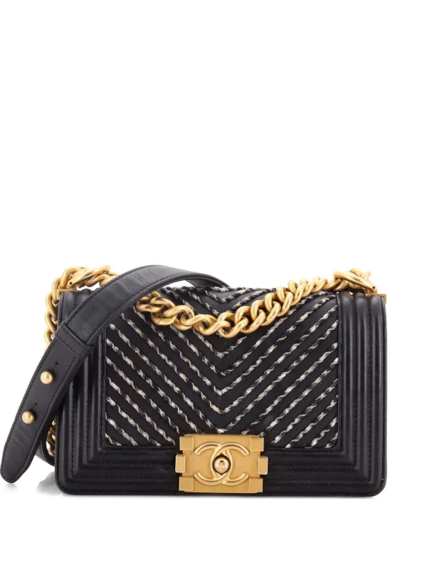 Chanel Pre-owned By the Sea Boy Flap Bag Chevron Embroidered Calfskin Small Shoulder Bag in Black