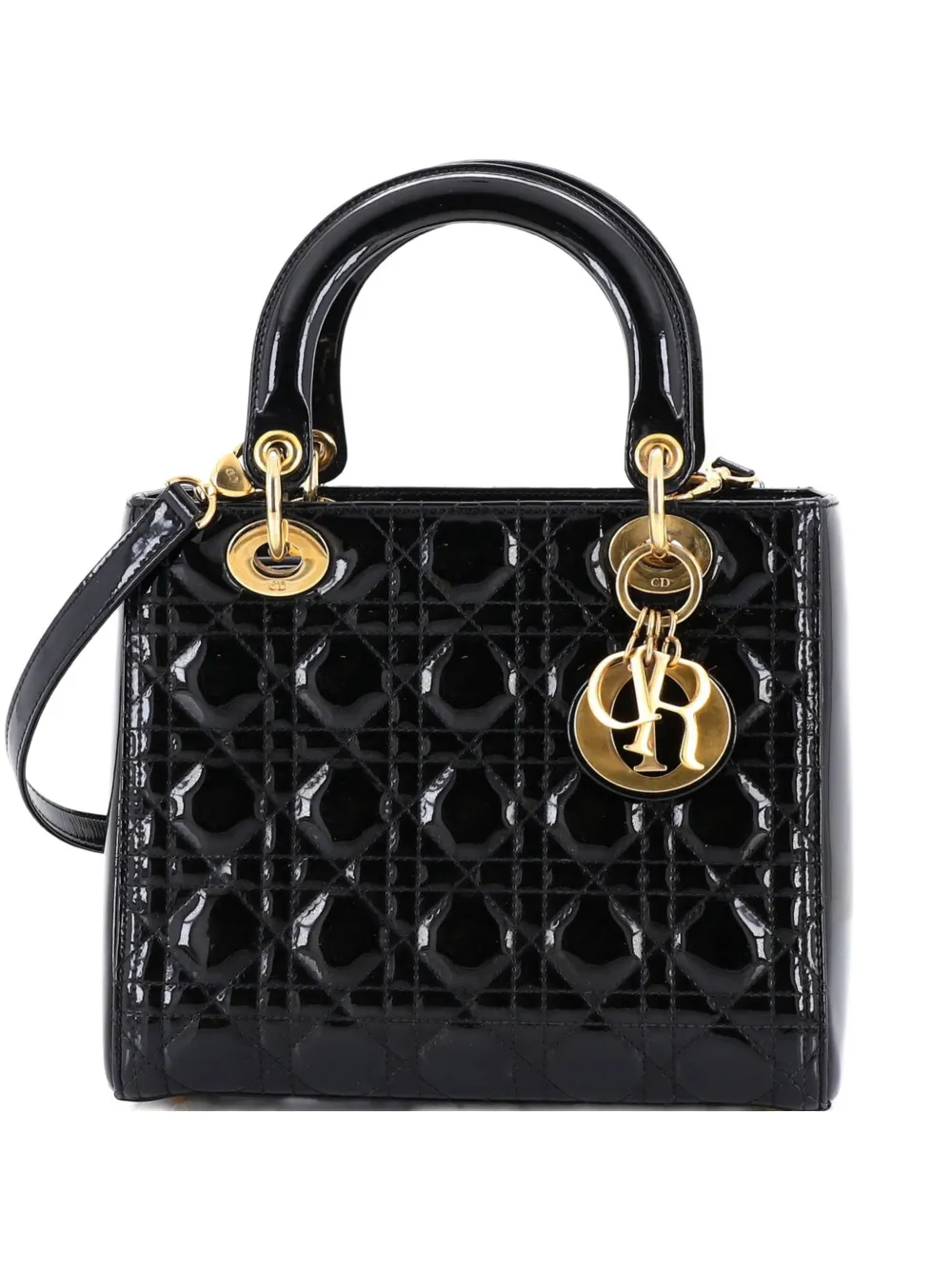 Christian Dior Pre-Owned Borsa a tracolla Lady Dior piccola trapuntata in pelle verniciata con motivo Cannage - Nero