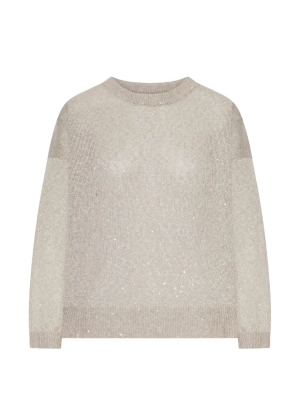 Brunello Cucinelli Sparkling Crew Neck Linen Sweater in Neutrals