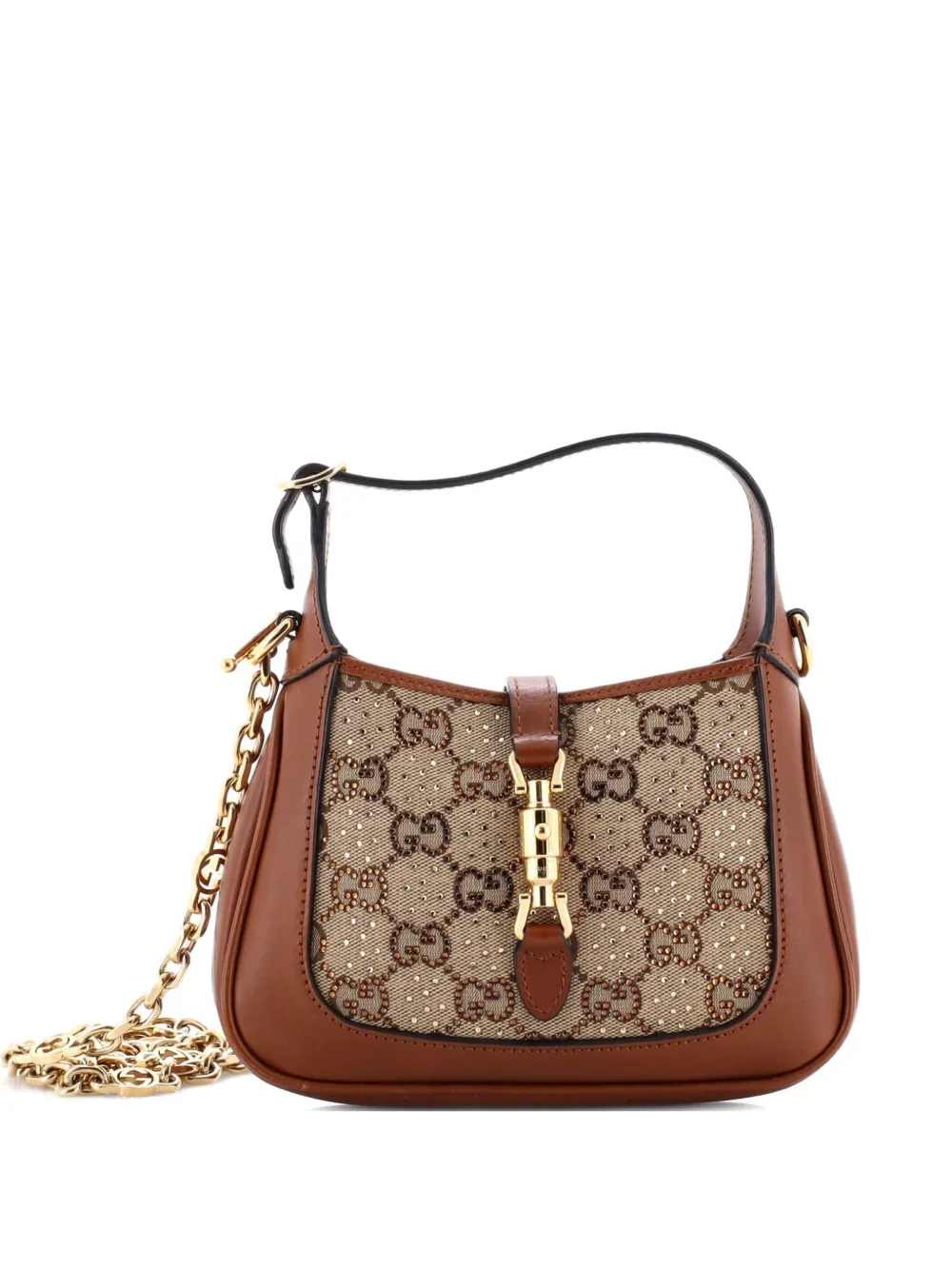 Gucci Pre-Owned Borsa passepartout Jackie 1961 mini in tela GG con cristalli e catena - Marrone