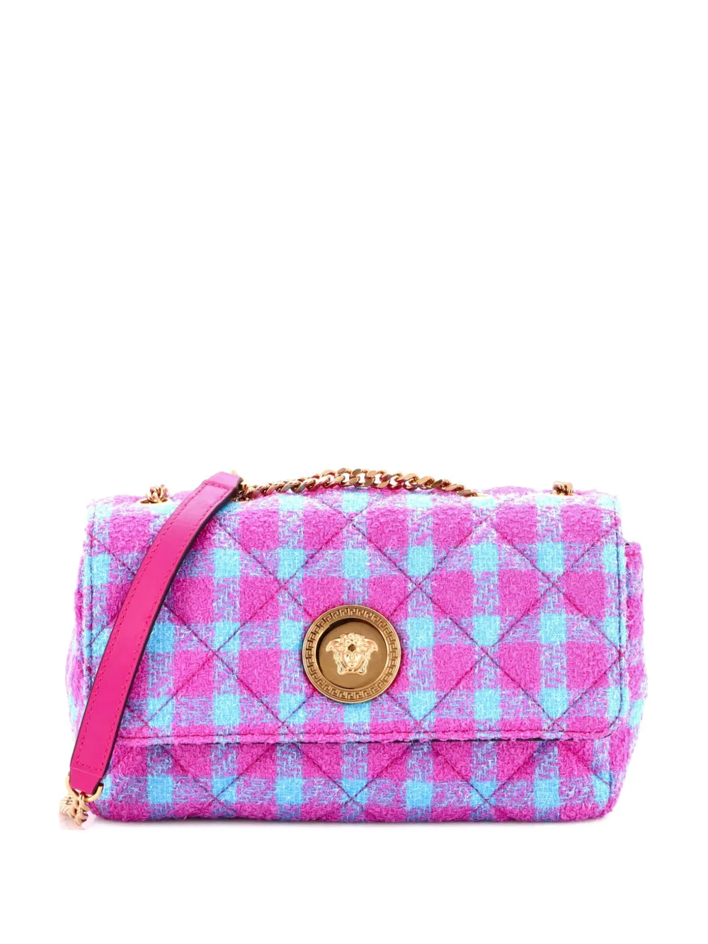 Versace Pre-Owned Medusa Icon Chain Flap Bag Quilted Tweed East West shoulder bag - Blu