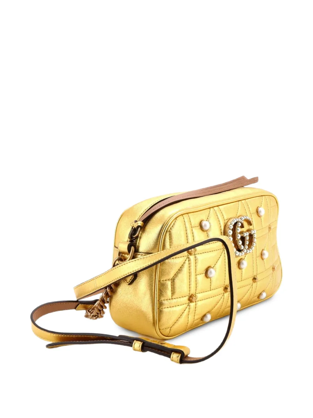  Gucci Pre-owned Pearly Gg Marmont Shoulder Bag Embellished Matelasse Leather Small Crossbody Bag - Gold 