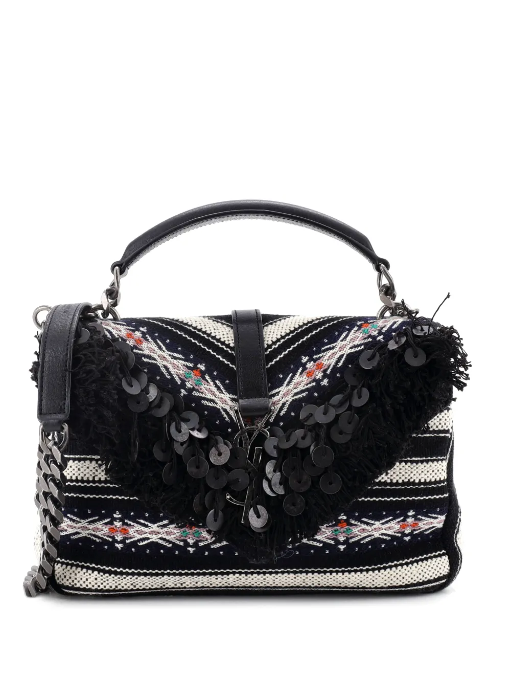 Saint Laurent Pre-Owned Classic Monogram College Bag Canvas with Embellished Fringe Medium shoulder bag - Nero