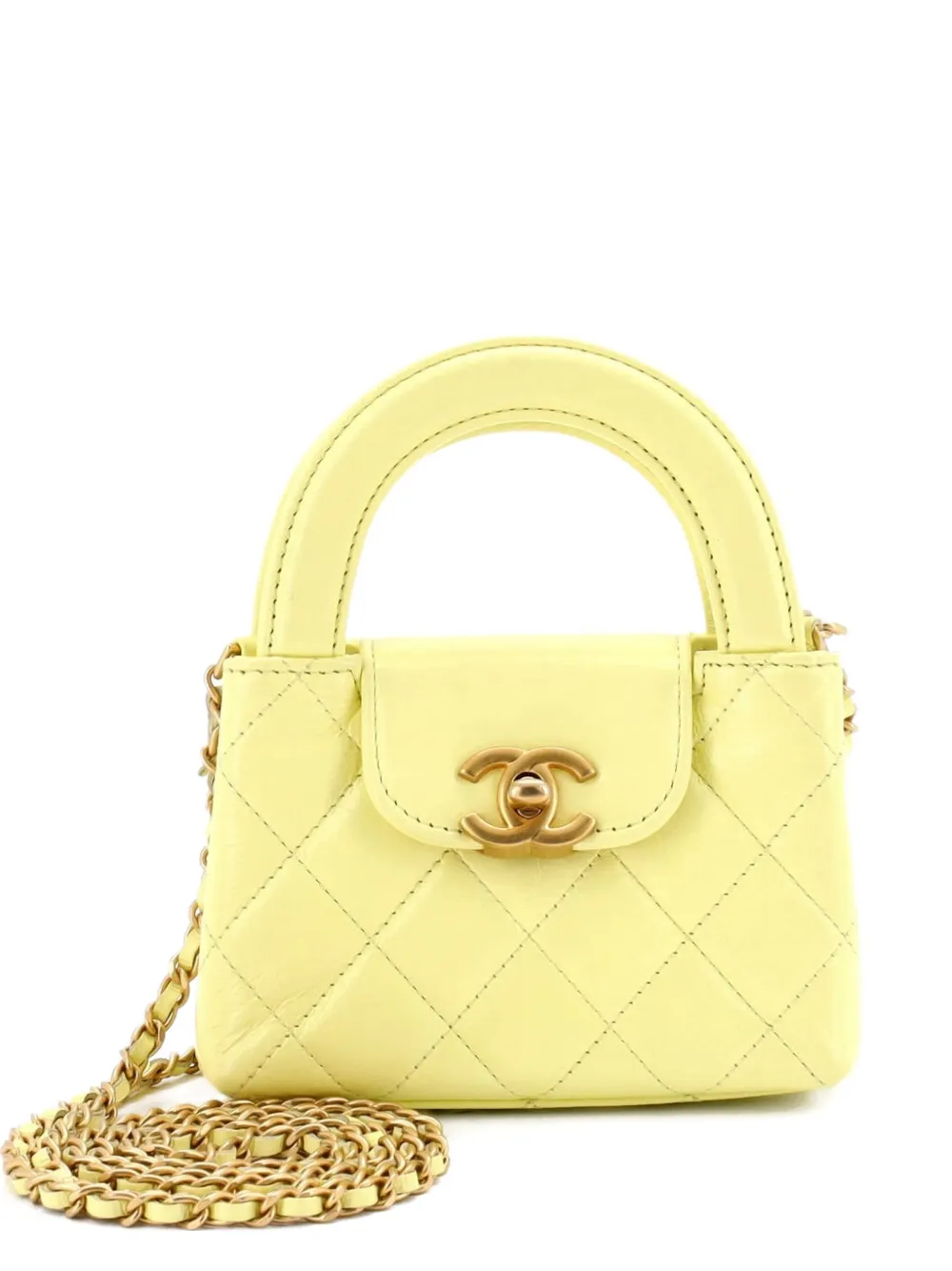 CHANEL Pre-Owned Kelly Top Handle Shopping Bag Quilted Shiny Aged Calfskin Nano crossbody bag - Giallo
