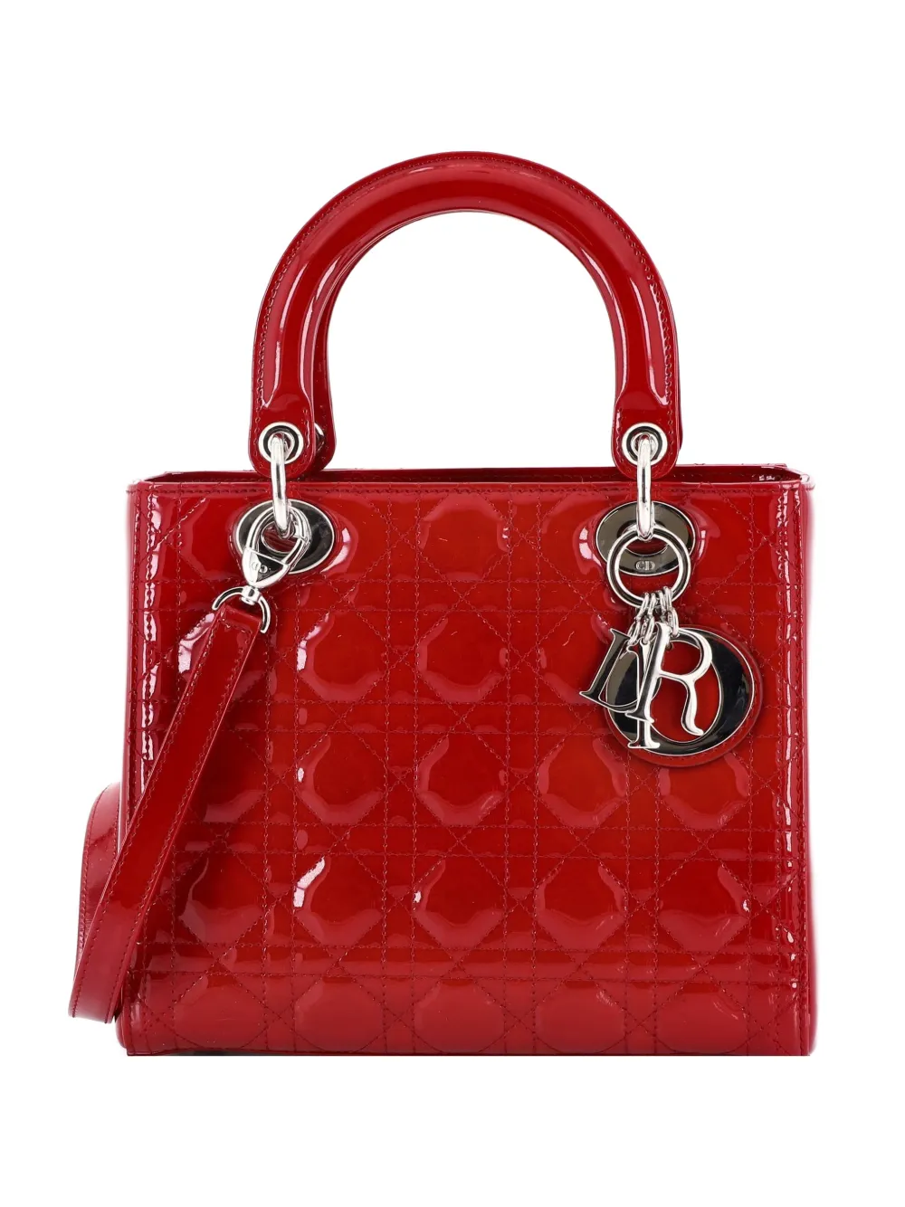 Christian Dior Pre-Owned Borsa a tracolla Lady Dior media trapuntata in pelle verniciata con motivo Cannage - Rosso