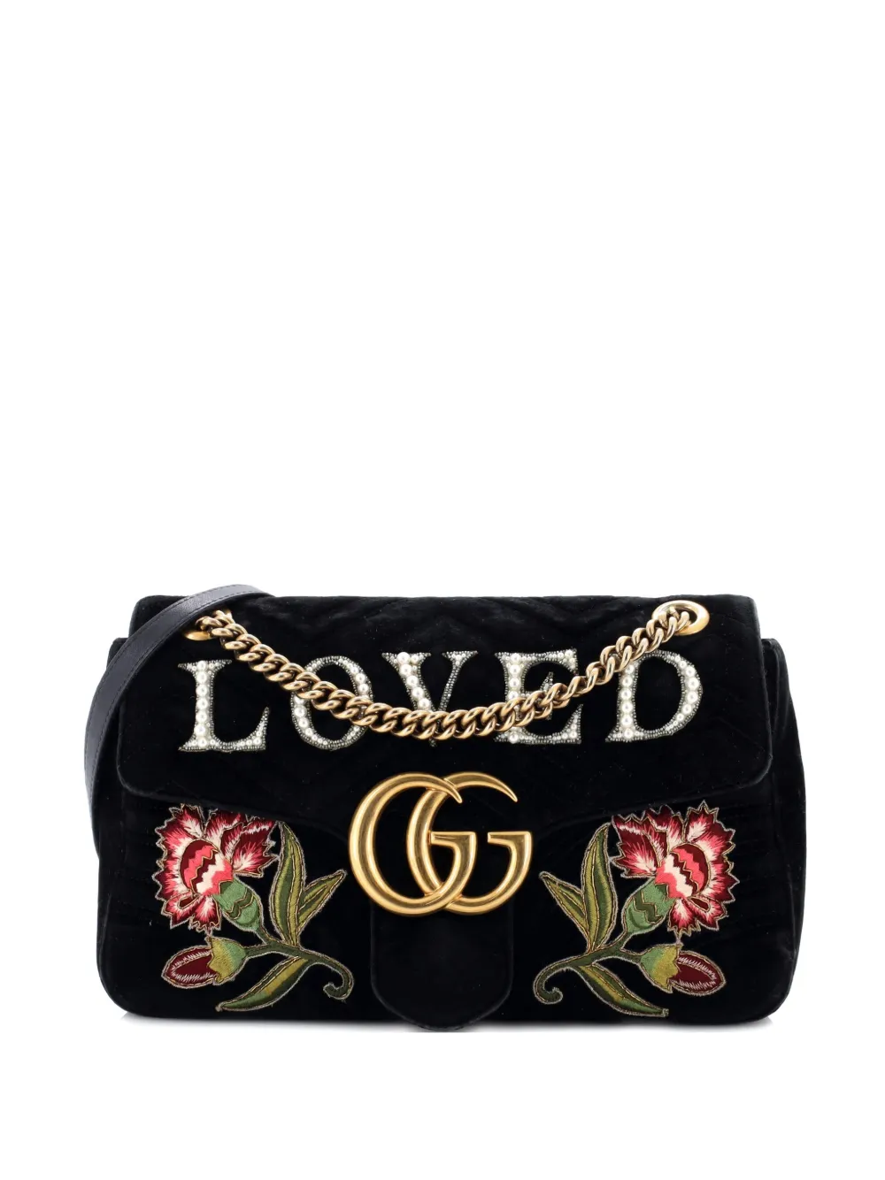 Gucci Pre-Owned GG Marmont Flap Bag Embroidered Matelasse Velvet Medium shoulder bag - Nero