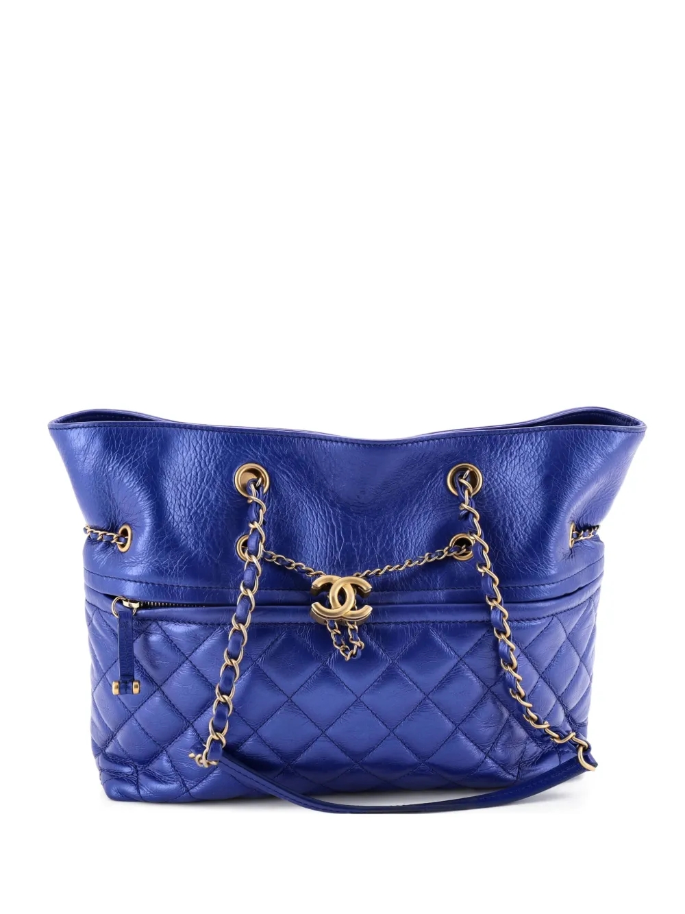 CHANEL Pre-Owned Front Zip CC Drawstring Chain Quilted Calfskin Medium tote bag - Blu