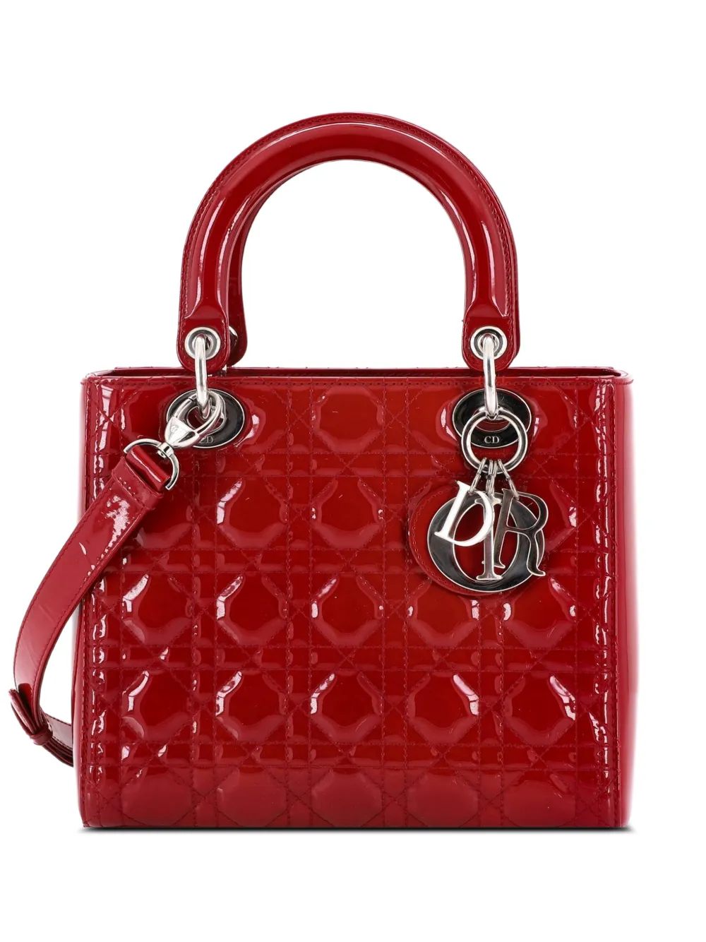Christian Dior Pre-Owned Lady Dior Bag Cannage Quilt Patent Medium satchel - Rosso