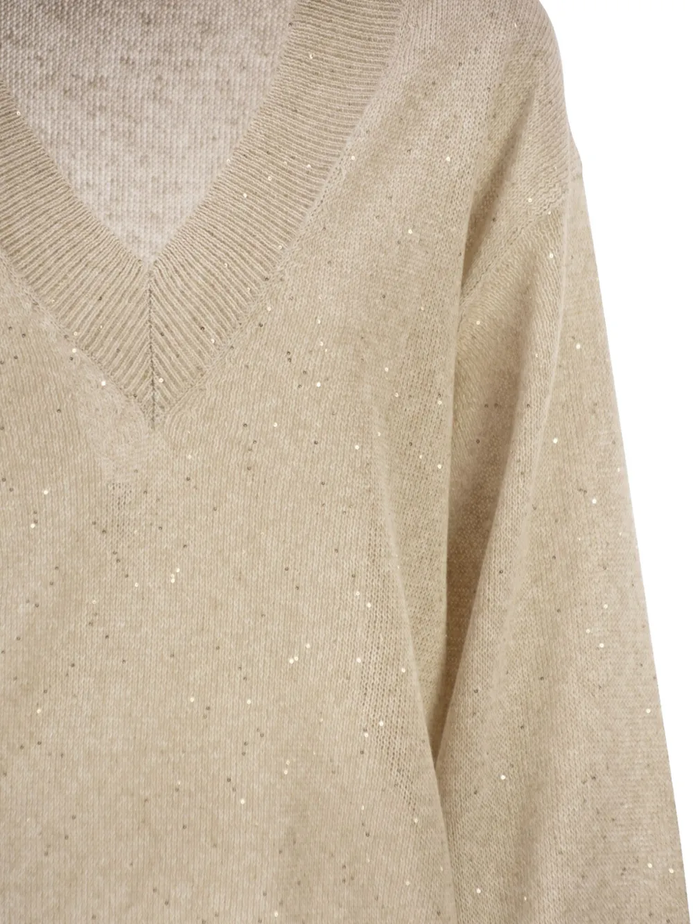 Brunello Cucinelli Trui verfraaid met pailletten en V-hals Beige