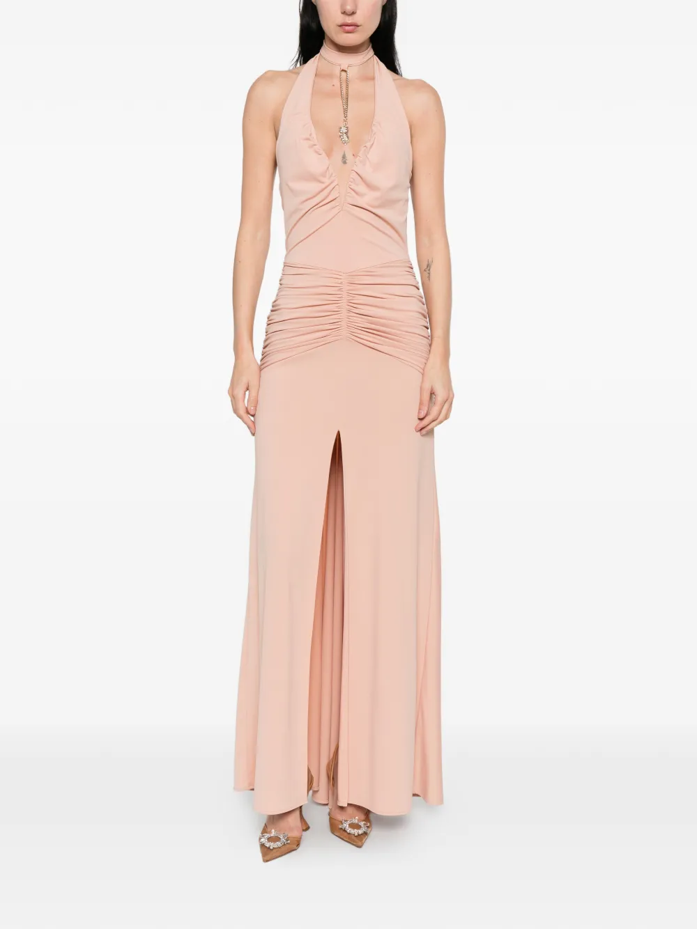 Babylone Paris Gesmockte maxi-jurk met halternek Beige