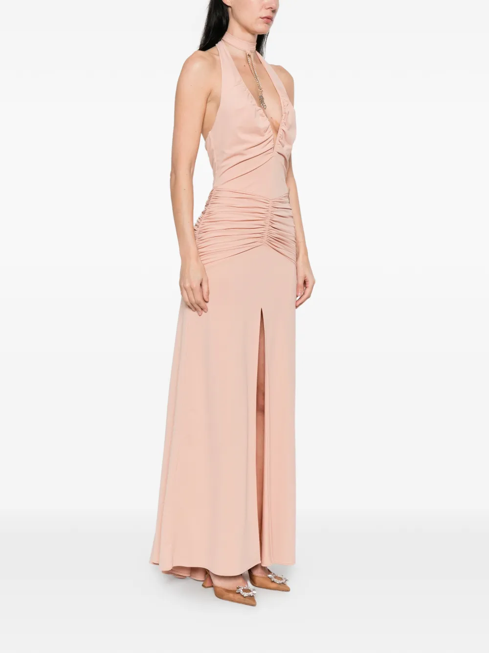 Babylone Paris Gesmockte maxi-jurk met halternek Beige
