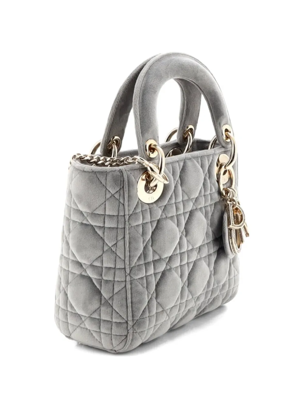  Christian Dior Pre-owned Sac Porté épaule Lady Dior Chain Bag Cannage Quilt Velvet With Crystal Charms Mini - Gris 