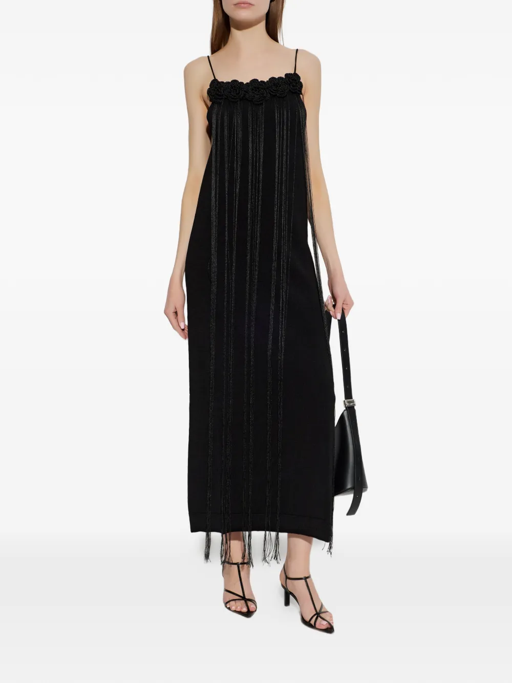 Jil Sander Jurk met bloemapplicatie en franje Zwart