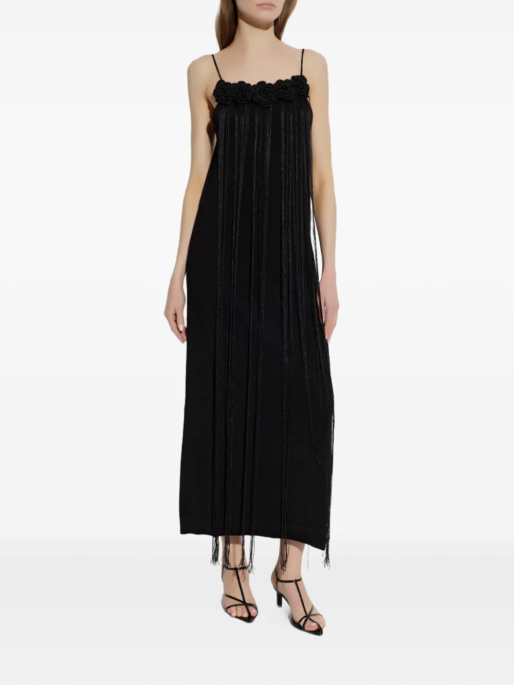 Jil Sander Jurk met bloemapplicatie en franje Zwart