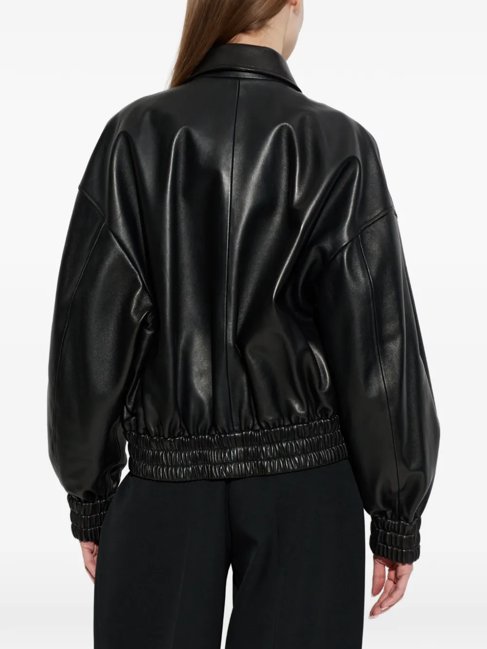 Jil Sander Leather Bomber Jacket Collared Pockets Elasticated Hem In Black