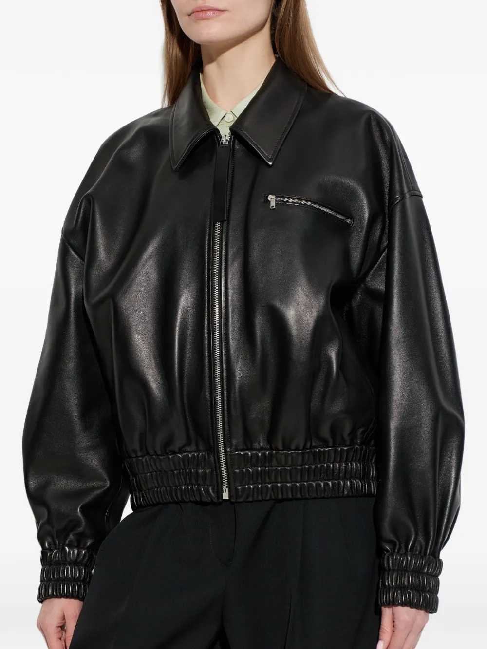 Jil Sander Leather Bomber Jacket Collared Pockets Elasticated Hem In Black