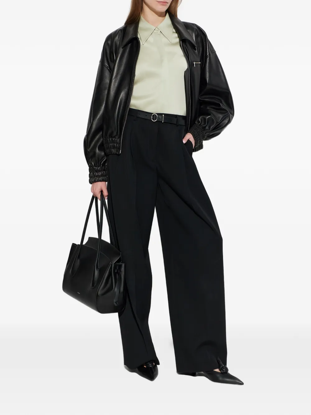 Jil Sander Leather Bomber Jacket Collared Pockets Elasticated Hem In Black